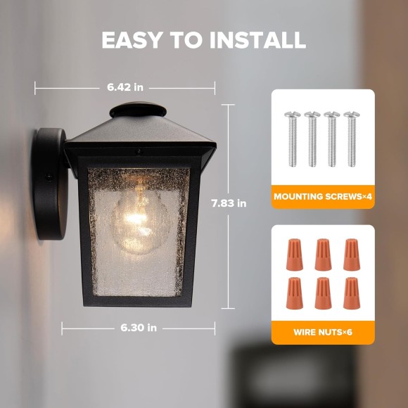 Outdoor Wall Light Fixtures, Exterior Waterproof Wall Sconce Light Fixtures, Anti-Rust E26 Socket Wall Lantern Porch Lights with Seeded Glass, Wall Mounted Black Outdoor Lights for House, 2 Pack
