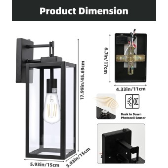 Large Size Wall Lights Outdoor Dusk to Dawn, 18 Inch Outdoor Wall Lantern, 2 Pack Wall Mount Light, Exterior Wall Sconce Light Fixture for Porch Patio, Sensor Outdoor Lighting with E26 Socket