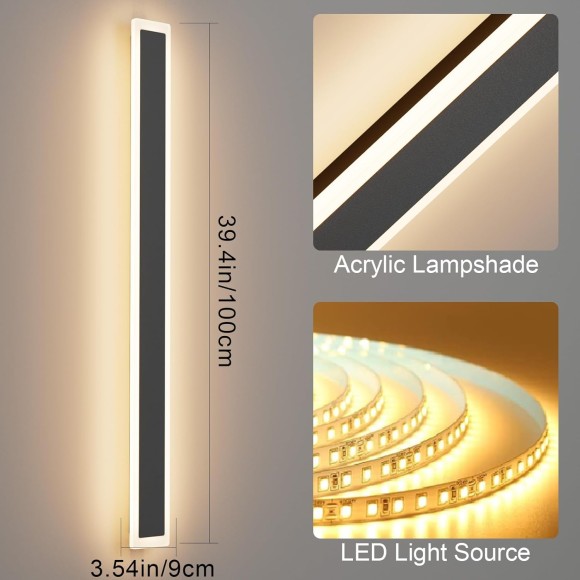 2 Pack Outdoor Wall Sconces 39.4IN Long Modern LED Wall Light with Frosted Acrylic Waterproof IP65 Warm White Black Exterior Wall Light for Patio,Porch(3000K)