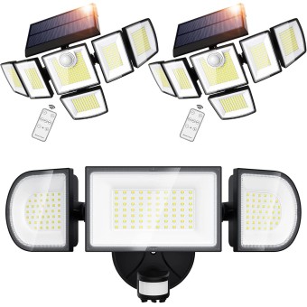 100W Motion Sensor Light Outdoor & 2 Pack Solar Outdoor Lights with 6 Heads, 496 LED Motion Sensor Lights 3 Levels of Brightness, 3 Lighting Modes LED Security Flood Lights with Remote Control