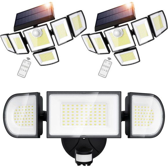 100W Motion Sensor Light Outdoor & 2 Pack Solar Outdoor Lights with 6 Heads, 496 LED Motion Sensor Lights 3 Levels of Brightness, 3 Lighting Modes LED Security Flood Lights with Remote Control