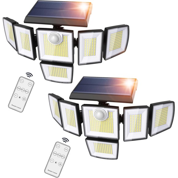 100W Motion Sensor Light Outdoor & 2 Pack Solar Outdoor Lights with 6 Heads, 496 LED Motion Sensor Lights 3 Levels of Brightness, 3 Lighting Modes LED Security Flood Lights with Remote Control