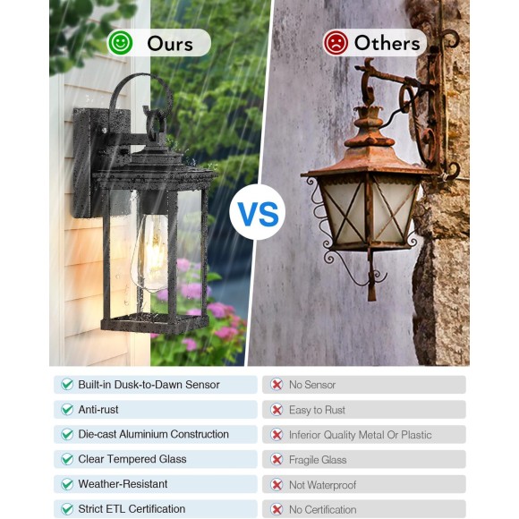 Outdoor Wall Light Fixtures, Exterior Wall Lighting, Porch Sconces Wall Mounted Lanterns with E26 Sockets, Matte Black Wall Lamps for Patio Front Door Entryway, 2-Pack Waterproof