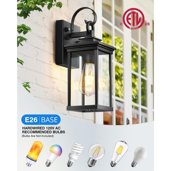 Outdoor Wall Light Fixtures, Exterior Wall Lighting, Porch Sconces Wall Mounted Lanterns with E26 Sockets, Matte Black Wall Lamps for Patio Front Door Entryway, 2-Pack Waterproof