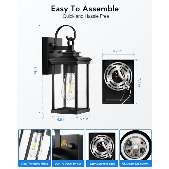 Outdoor Wall Light Fixtures, Exterior Wall Lighting, Porch Sconces Wall Mounted Lanterns with E26 Sockets, Matte Black Wall Lamps for Patio Front Door Entryway, 2-Pack Waterproof