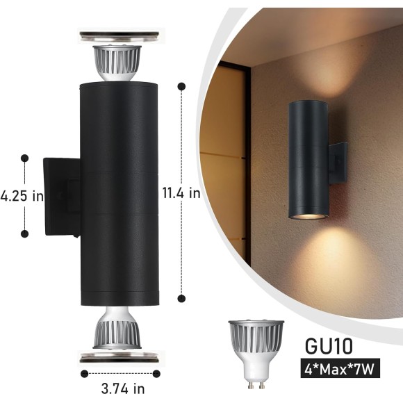 Outdoor Wall Sconces, Exterior Wall Lights Up and Down Source, Aluminum Modern Matte Black Sconces Wall Lamp, Outdoor Light Fixtures for Porch Garage Patio Doorway Entryway（4 Pack）