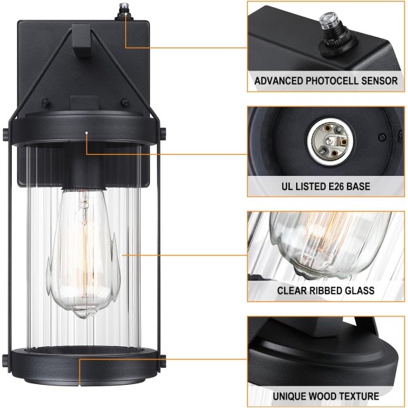 2 Pack Sensor Outdoor Wall Sconce Lighting Black Exterior Porch Lantern Waterproof Outside Garage Light Fixtures Wall Mount for House Patio Entryway