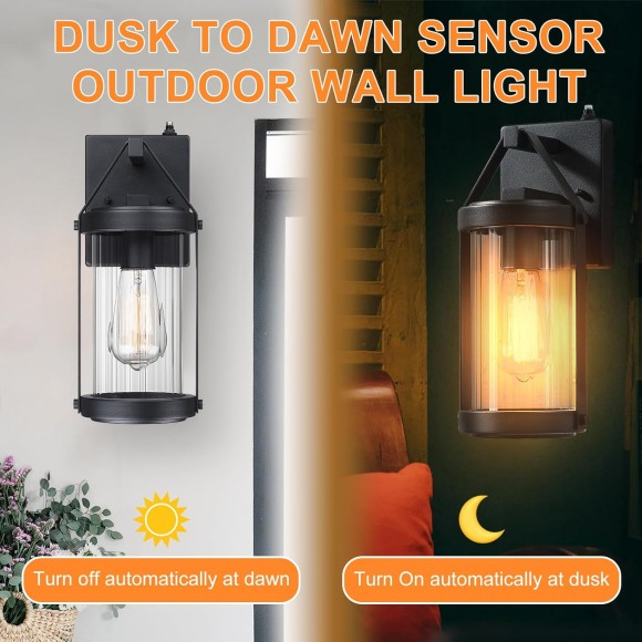 2 Pack Sensor Outdoor Wall Sconce Lighting Black Exterior Porch Lantern Waterproof Outside Garage Light Fixtures Wall Mount for House Patio Entryway