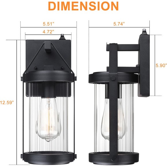 2 Pack Sensor Outdoor Wall Sconce Lighting Black Exterior Porch Lantern Waterproof Outside Garage Light Fixtures Wall Mount for House Patio Entryway