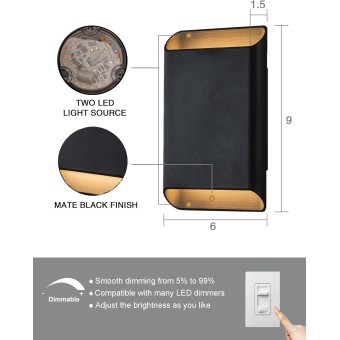 Modern Outdoor Wall Lights Exterior, 9 inch Up and Down LED Wall Sconce, Black Porch Light Fixture Wall Mount, Waterproof Lighting for Commercial Outdoor,House,Patio,Garage,Indoor, 2 Packs
