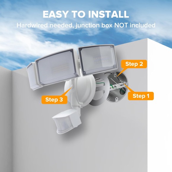 4500LM LED Security Lights Motion Sensor Light Outdoor, 5000K Daylight, IP65 Waterproof, Dusk to Dawn, 3 Head Motion Detected Flood Light for Garage, Yard, Porch(White)