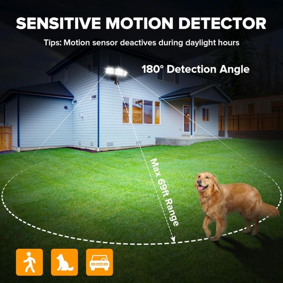 4500LM LED Security Lights Motion Sensor Light Outdoor, 5000K Daylight, IP65 Waterproof, Dusk to Dawn, 3 Head Motion Detected Flood Light for Garage, Yard, Porch (Black)