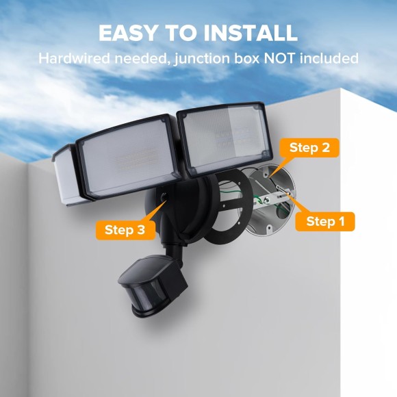 4500LM LED Security Lights Motion Sensor Light Outdoor, 5000K Daylight, IP65 Waterproof, Dusk to Dawn, 3 Head Motion Detected Flood Light for Garage, Yard, Porch (Black)