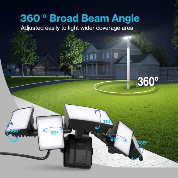 100W Flood Lights Outdoor Plug in, 10000LM LED Security Light, 6500K Exterior Flood Lights with 5 Adjustable Heads, IP65 Waterproof Outdoor LED safety lamp for Backyard Garage Patio Black