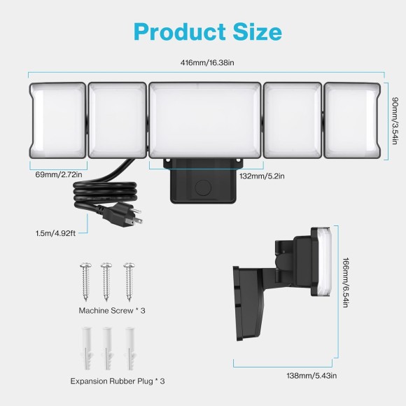 100W Flood Lights Outdoor Plug in, 10000LM LED Security Light, 6500K Exterior Flood Lights with 5 Adjustable Heads, IP65 Waterproof Outdoor LED safety lamp for Backyard Garage Patio Black