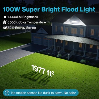 100W Flood Lights Outdoor Plug in, 10000LM LED Security Light, 6500K Exterior Flood Lights with 5 Adjustable Heads, IP65 Waterproof Outdoor LED safety lamp for Backyard Garage Patio White