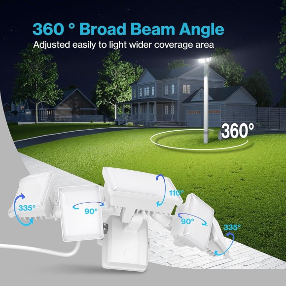 100W Flood Lights Outdoor Plug in, 10000LM LED Security Light, 6500K Exterior Flood Lights with 5 Adjustable Heads, IP65 Waterproof Outdoor LED safety lamp for Backyard Garage Patio White