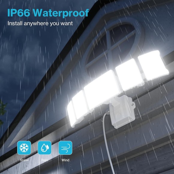 100W Flood Lights Outdoor Plug in, 10000LM LED Security Light, 6500K Exterior Flood Lights with 5 Adjustable Heads, IP65 Waterproof Outdoor LED safety lamp for Backyard Garage Patio White