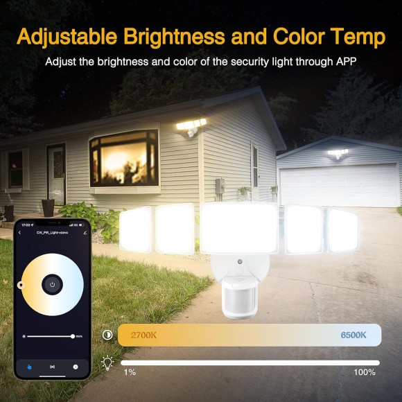 5 Heads 55W Smart LED Security Lights Motion Sensor Outdoor, 360° Illumination WiFi Alexa Flood Light 5500LM APP Control, 2500K-6500K Exterior Motion Detector, IP65 Wall Light for Yard, White