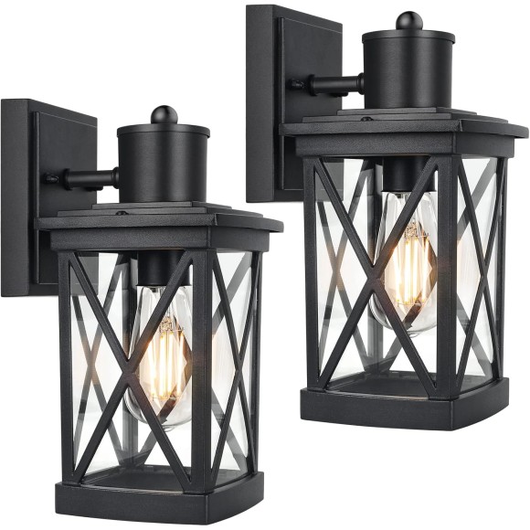 2-Pack Outdoor Wall Light Fixtures Waterproof, Modern Black Exterior Light Fixture Wall Mount, Outside Wall Lantern for House Porch Garage, Anti-rust Outdoor Wall Sconce Lighting, Aluminum&Clear Glass