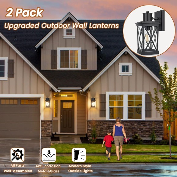 2-Pack Outdoor Wall Light Fixtures Waterproof, Modern Black Exterior Light Fixture Wall Mount, Outside Wall Lantern for House Porch Garage, Anti-rust Outdoor Wall Sconce Lighting, Aluminum&Clear Glass