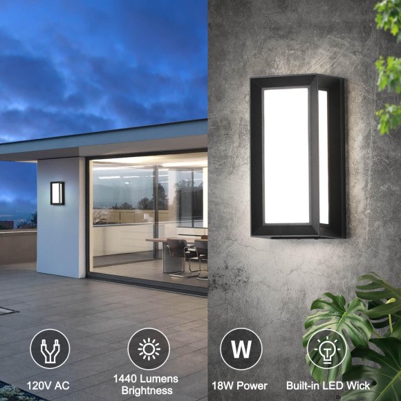 2 Pack Modern LED Outdoor Wall Lights, Black Exterior Wall Sconce & 18W LED Porch Lights Outdoor Lights for House, 4000K Natural White IP65 Waterproof Garage Lights Fixtures for Entrance