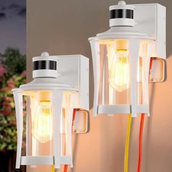 Porch Lights with GFCI Outlet, Outdoor Lights Motion Sensor, 3 Lighting Modes Exterior Light Fixture Waterproof for House Front Door Patio Garage, White (2 Pack)