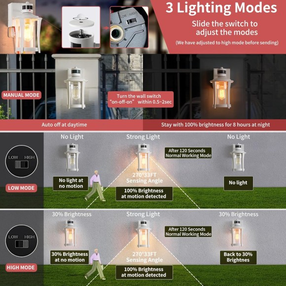 Porch Lights with GFCI Outlet, Outdoor Lights Motion Sensor, 3 Lighting Modes Exterior Light Fixture Waterproof for House Front Door Patio Garage, White (2 Pack)