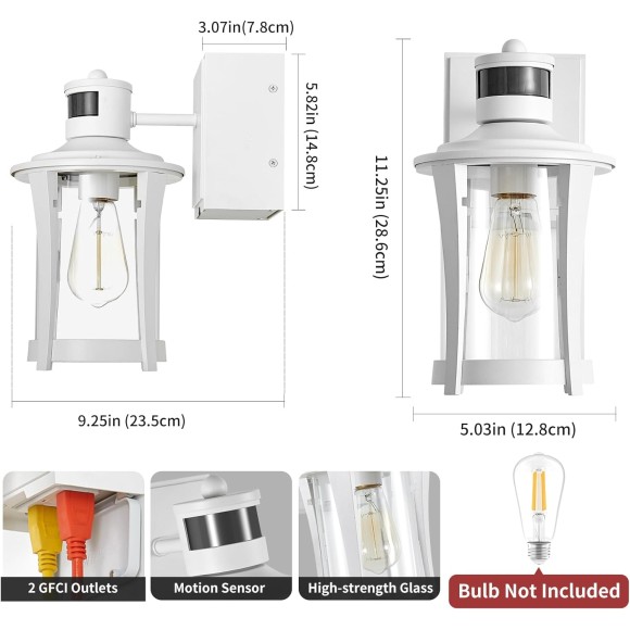 Porch Lights with GFCI Outlet, Outdoor Lights Motion Sensor, 3 Lighting Modes Exterior Light Fixture Waterproof for House Front Door Patio Garage, White (2 Pack)