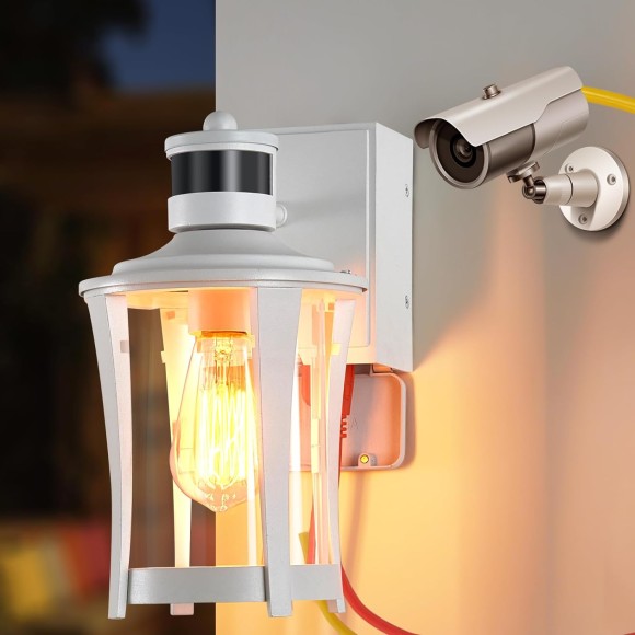 Porch Lights with GFCI Outlet, Outdoor Lights Motion Sensor, 3 Lighting Modes Exterior Light Fixture Waterproof for House Front Door Patio Garage, White (2 Pack)