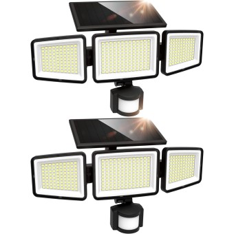 Solar Outdoor Lights 302 LED 3000LM, IP65 Waterproof Motion Sensor Outdoor Lights, 3 heads Solar Security Flood Lights 270 Wide Lighting Angle with 3 modes for Garden Patio Yard - 2 Pack