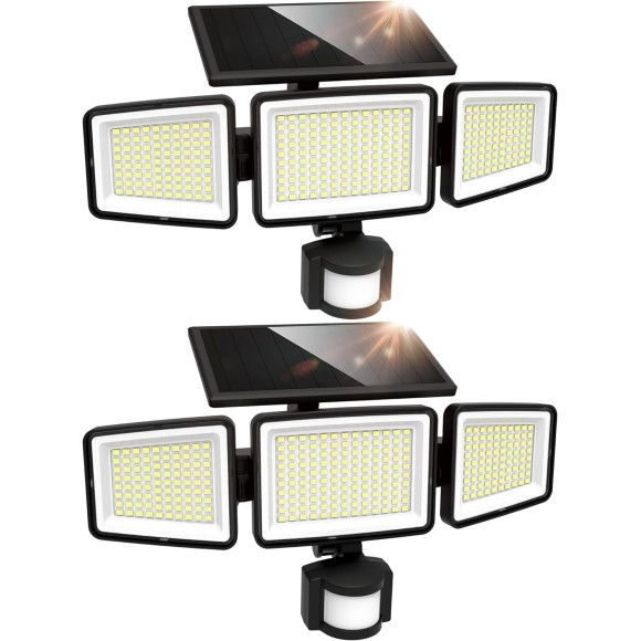 Solar Outdoor Lights 302 LED 3000LM, IP65 Waterproof Motion Sensor Outdoor Lights, 3 heads Solar Security Flood Lights 270 Wide Lighting Angle with 3 modes for Garden Patio Yard - 2 Pack