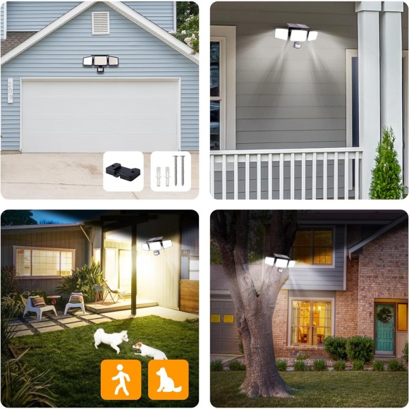 Solar Outdoor Lights 302 LED 3000LM, IP65 Waterproof Motion Sensor Outdoor Lights, 3 heads Solar Security Flood Lights 270 Wide Lighting Angle with 3 modes for Garden Patio Yard - 2 Pack