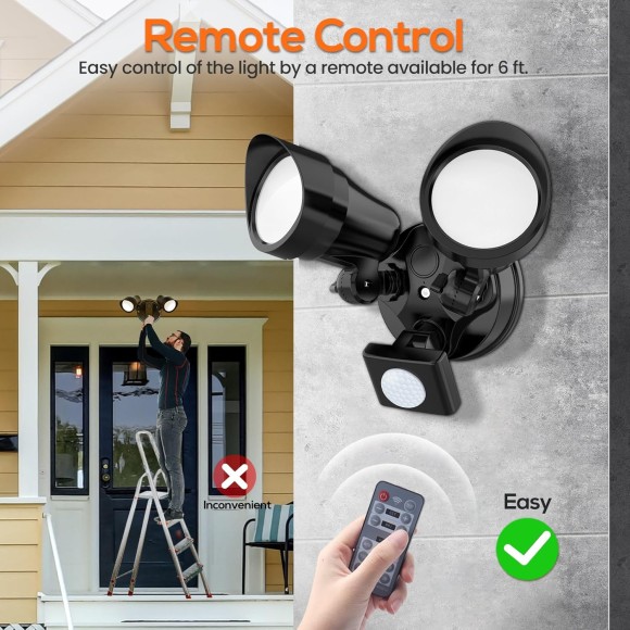 LED Security Lights Motion Sensor, 24W 2000LM Flood Lights Outdoor Motion Sensor with Remote, Dimmable Brightness 3000K-6500K CCT IP65 Outdoor Security Light for House Garage Yard Walkway 1 Pack Black