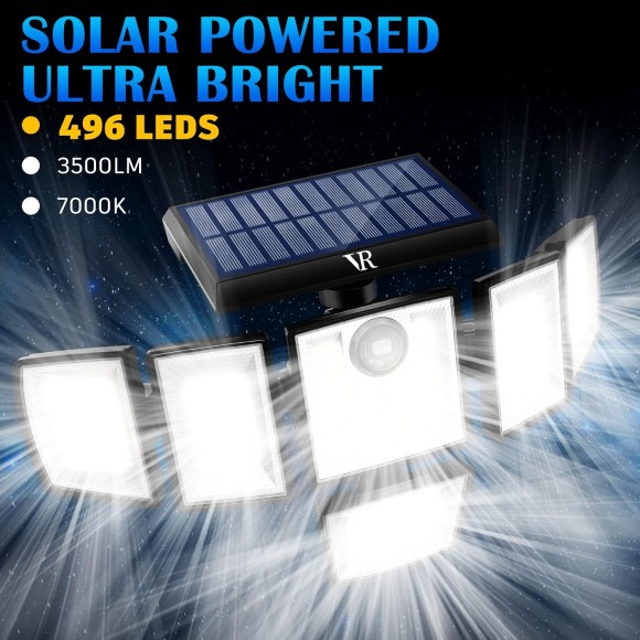 Solar Motion Sensor Flood Lights Outdoor - 496LEDs 3500LM 3 Lighting Modes 3 Levels Brightness, 6 Heads 360° Illumination, IP65 Solar Security Lights,for Porch Yard Patio Garage(3 Packs)