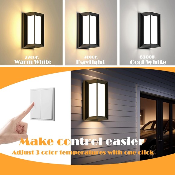 Porch Lights Outdoor Light Fixture, 12W Black Exterior Light Fixtures Wall Mount, 3-Color-Temp Adjustable Wall Sconce, IP65 Waterproof Outdoor Wall Lights for House Walkway Stairs