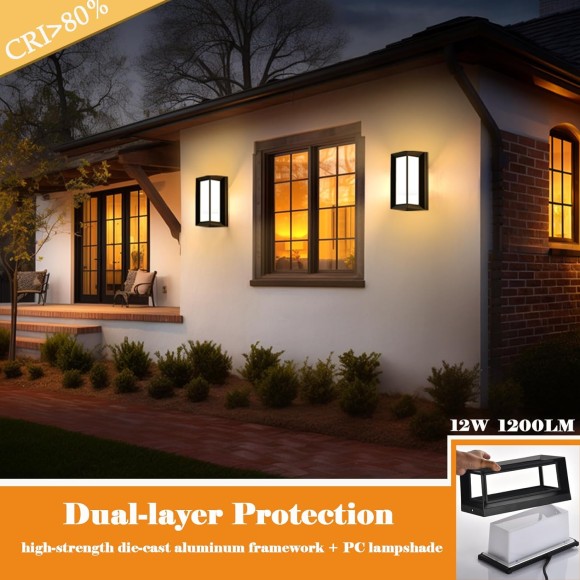 Porch Lights Outdoor Light Fixture, 12W Black Exterior Light Fixtures Wall Mount, 3-Color-Temp Adjustable Wall Sconce, IP65 Waterproof Outdoor Wall Lights for House Walkway Stairs