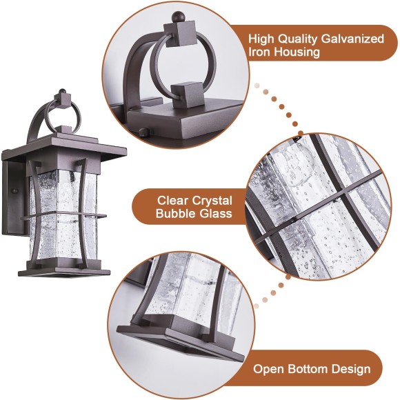 Oil Rubbed Bronze Outdoor Light Sconces Wall Mount Brown Outdoor Wall Lamp Large Exterior Porch Wall Lantern with Seeded Glass 15" Outside Lights for House, Front Door, Patio, Backyard