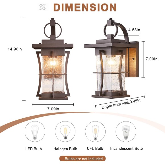 Oil Rubbed Bronze Outdoor Light Sconces Wall Mount Brown Outdoor Wall Lamp Large Exterior Porch Wall Lantern with Seeded Glass 15" Outside Lights for House, Front Door, Patio, Backyard
