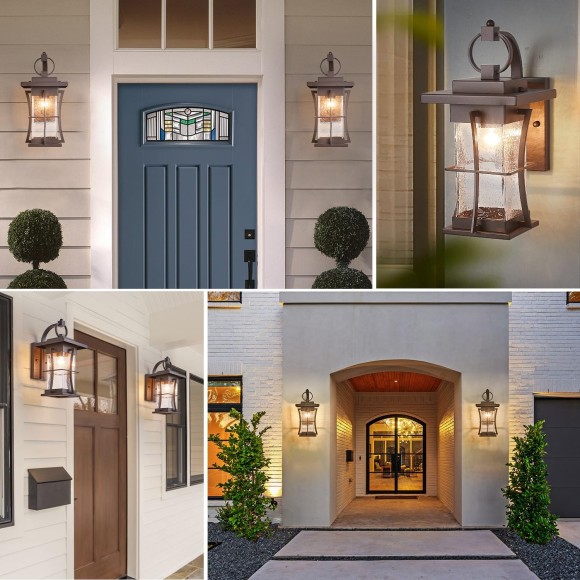 Oil Rubbed Bronze Outdoor Light Sconces Wall Mount Brown Outdoor Wall Lamp Large Exterior Porch Wall Lantern with Seeded Glass 15" Outside Lights for House, Front Door, Patio, Backyard