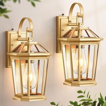 Outdoor Wall Lanterns, Modern Golden Exterior Wall Light Fixtures Wall Mount Sconces with Photocell Sensor, Waterproof Gold Porch Light Outside Wall Lantern for House Patio