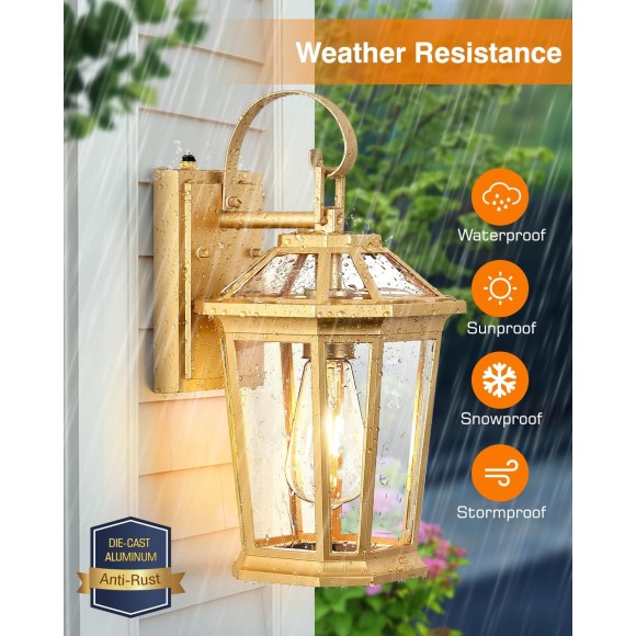 Outdoor Wall Lanterns, Modern Golden Exterior Wall Light Fixtures Wall Mount Sconces with Photocell Sensor, Waterproof Gold Porch Light Outside Wall Lantern for House Patio