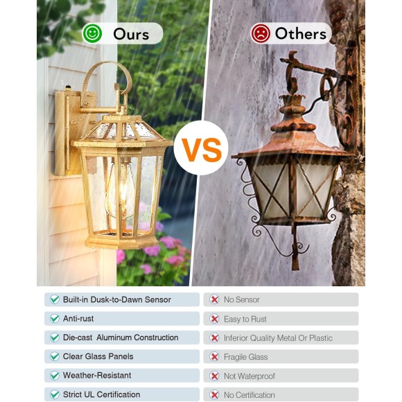 Outdoor Wall Lanterns, Modern Golden Exterior Wall Light Fixtures Wall Mount Sconces with Photocell Sensor, Waterproof Gold Porch Light Outside Wall Lantern for House Patio