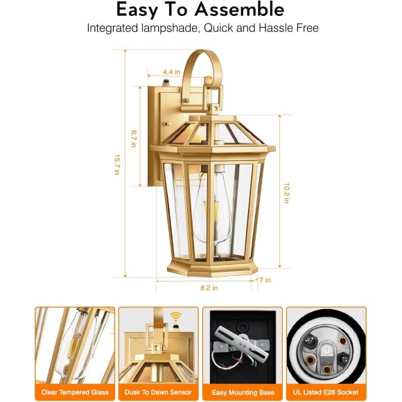Outdoor Wall Lanterns, Modern Golden Exterior Wall Light Fixtures Wall Mount Sconces with Photocell Sensor, Waterproof Gold Porch Light Outside Wall Lantern for House Patio