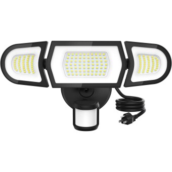 100W 9000LM LED Security Lights Motion Sensor Light Outdoor with Plug, Outdoor Light, 6500K, IP65 Waterproof, 3 Head Motion Detected Flood for Garage, Yard, Porch (Black)