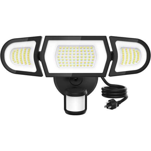 100W 9000LM LED Security Lights Motion Sensor Light Outdoor with Plug, Outdoor Light, 6500K, IP65 Waterproof, 3 Head Motion Detected Flood for Garage, Yard, Porch (Black)