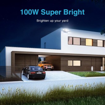 100W 9000LM LED Security Lights Motion Sensor Light Outdoor with Plug, Outdoor Light, 6500K, IP65 Waterproof, 3 Head Motion Detected Flood for Garage, Yard, Porch (Black)