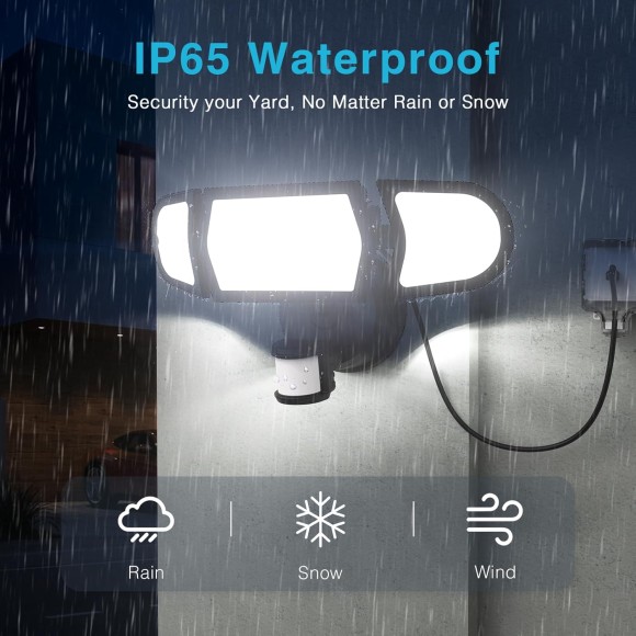 100W 9000LM LED Security Lights Motion Sensor Light Outdoor with Plug, Outdoor Light, 6500K, IP65 Waterproof, 3 Head Motion Detected Flood for Garage, Yard, Porch (Black)
