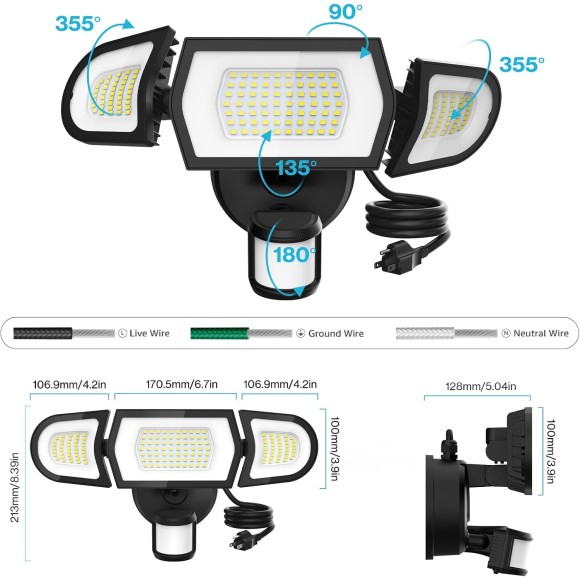 100W 9000LM LED Security Lights Motion Sensor Light Outdoor with Plug, Outdoor Light, 6500K, IP65 Waterproof, 3 Head Motion Detected Flood for Garage, Yard, Porch (Black)