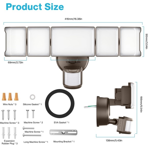 100W LED Security Light Motion Sensor Outdoor Light, Motion Flood Light Dusk to Dawn, 10000LM Super Bright 6500K Exterior Motion Detector Flood Light Outside for Garage Yard Porch IP65, Brown